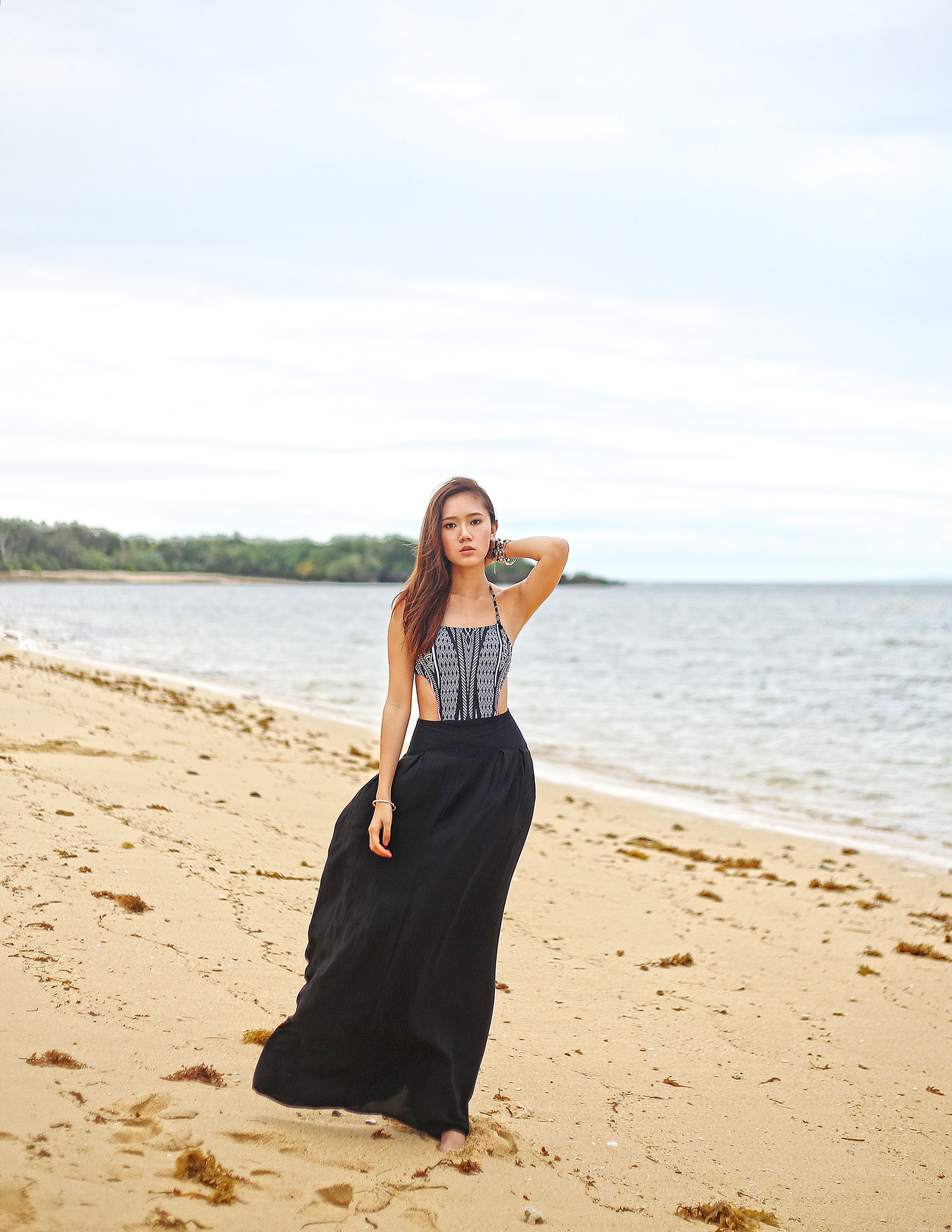 Debenhams one-piece swimsuit, H&M maxi skirt, beach fashion at Balesin | www.itscamilleco.com