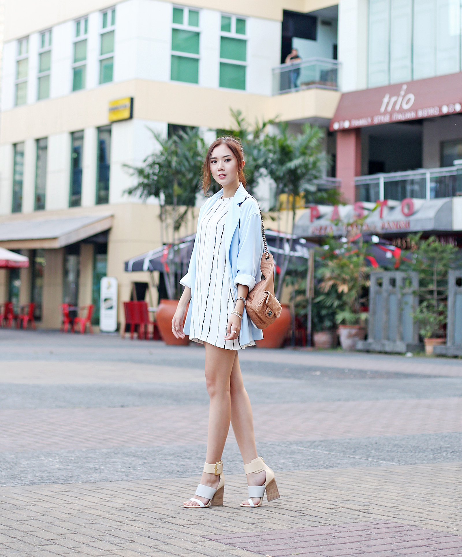 Beginning Boutique dress, Stradivarius blazer, Chanel backpack, Sigerson Morrison heels | www.itscamilleco.com