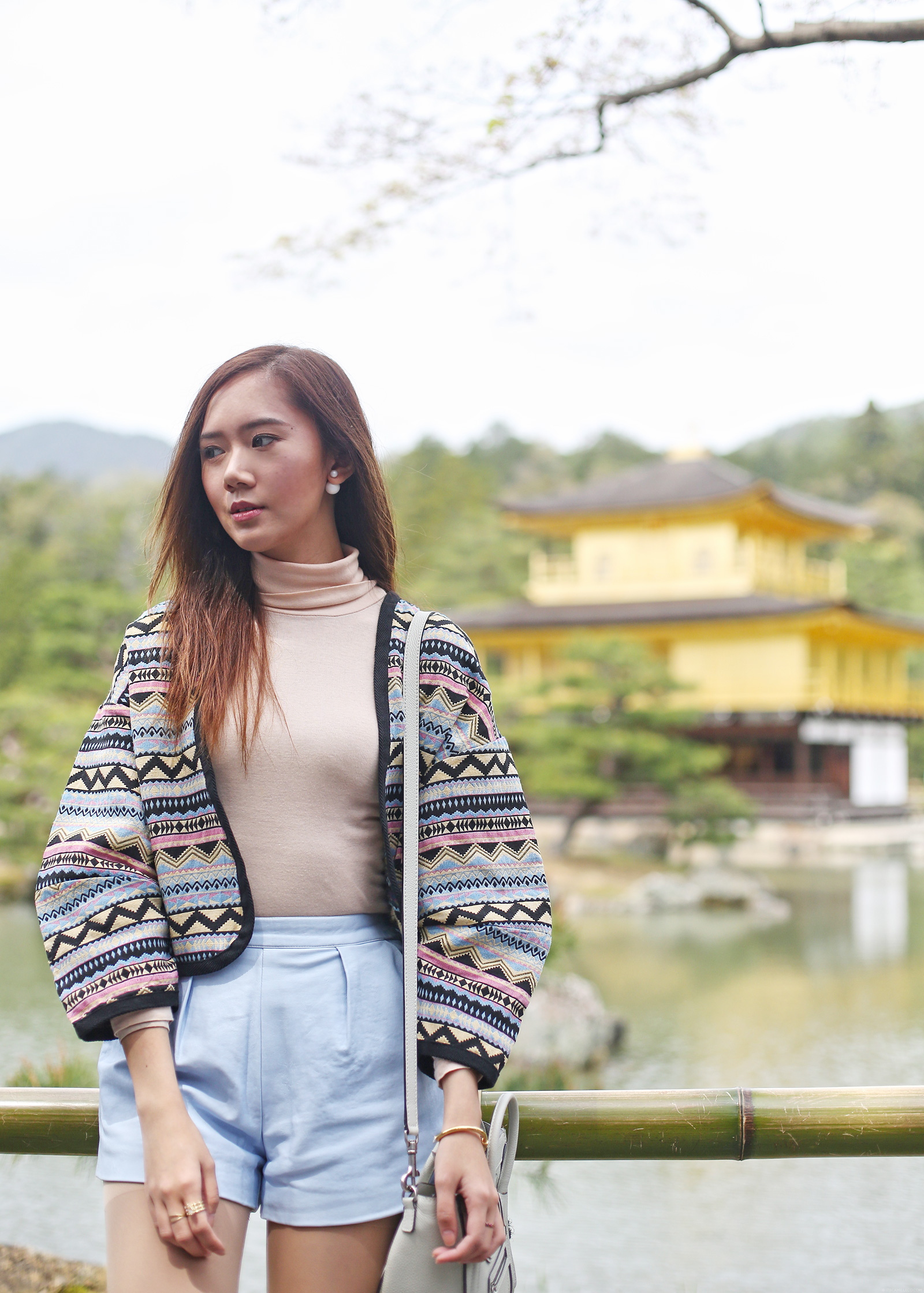 Oasap jacket, G2000 top, Emoda shorts at Kinkakuji, Kyoto